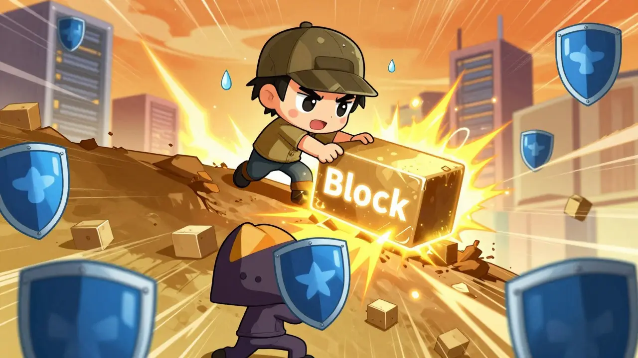 Chibi miner pushing a heavy block uphill while blocking a sneaky hacker