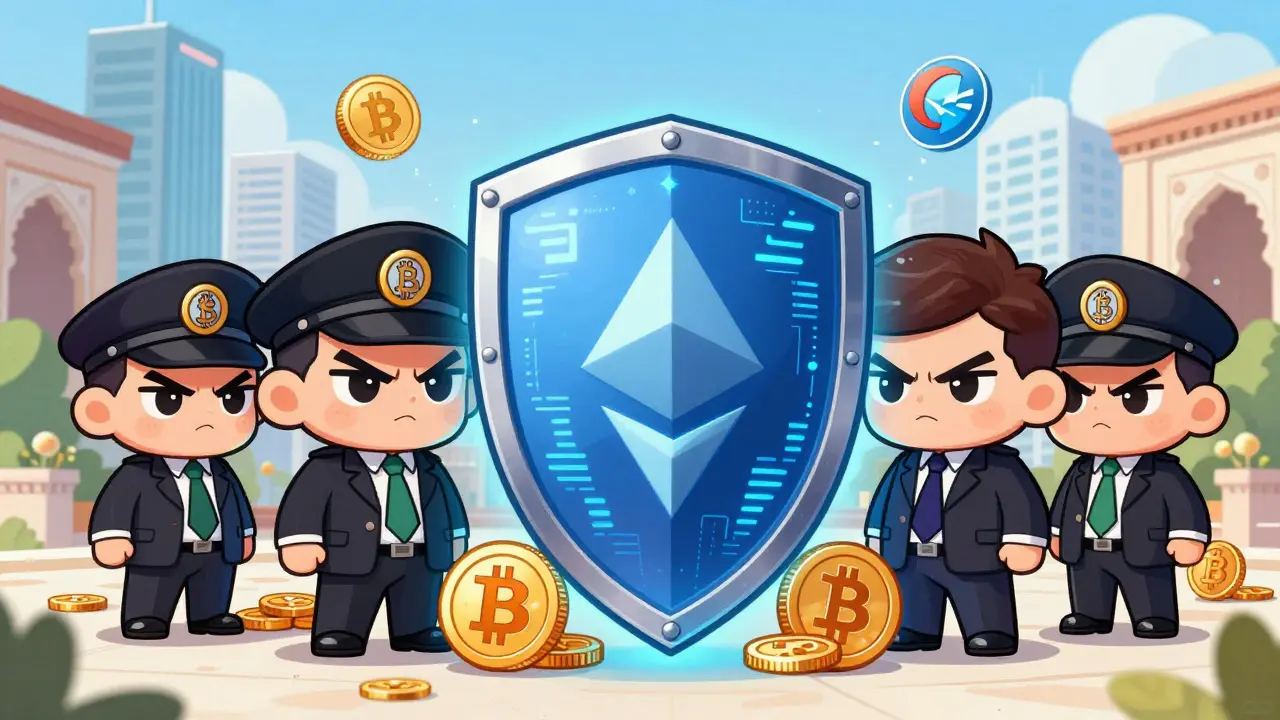 Chibi officials blocking crypto coins with a digital shield
