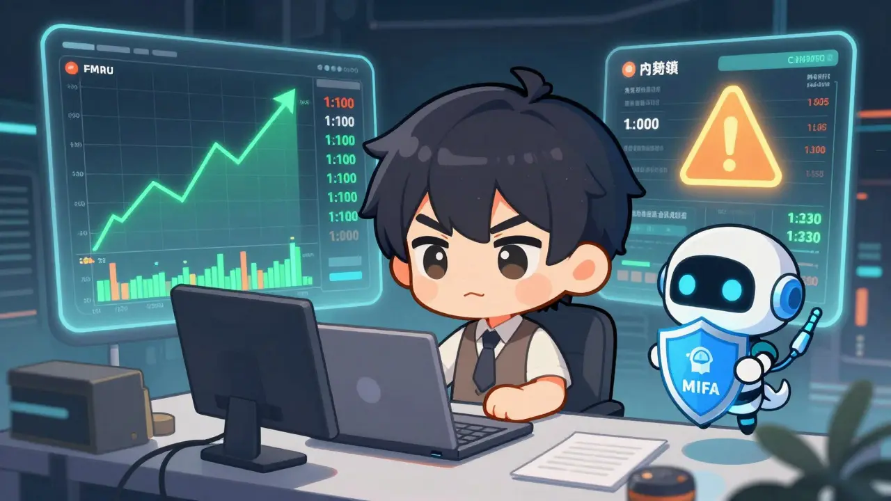 Chibi trader analyzing charts with a robot assistant showing security shields