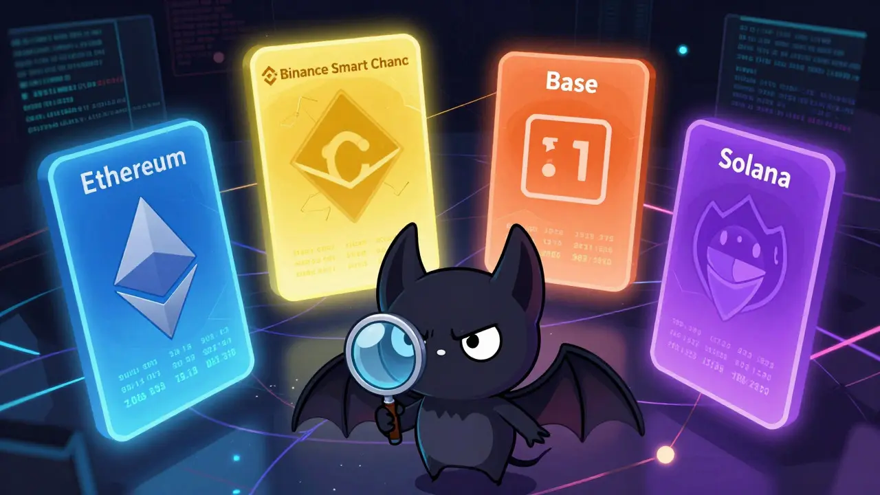 Confused chibi bat looking at multiple blockchain portals