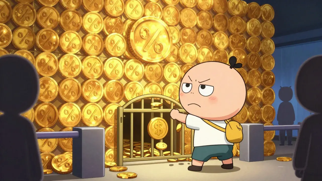 Cute anime character struggling with high fee wall