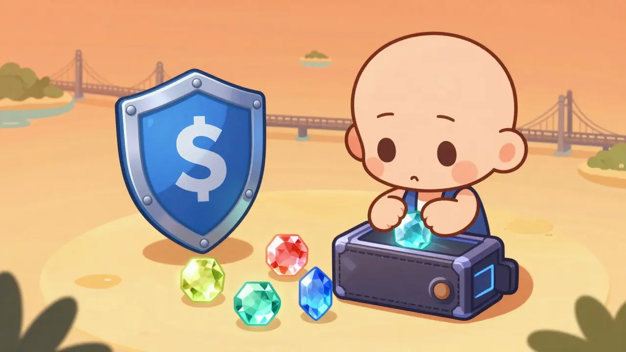 Cute chibi figure securing digital assets and preparing for DeFi farming.