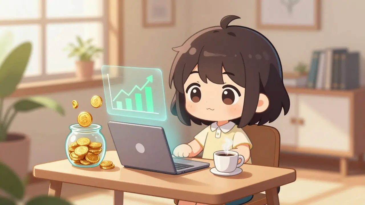 Cute chibi person earning crypto rewards passively on a laptop