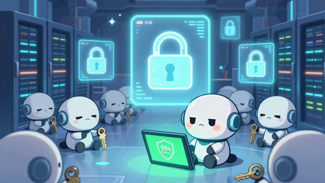 Cute chibi robots guarding secure cold storage wallets