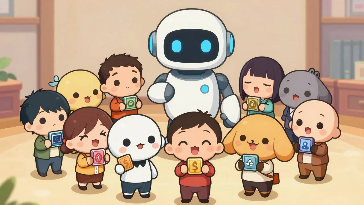 Group of chibi characters receiving fractional asset tokens