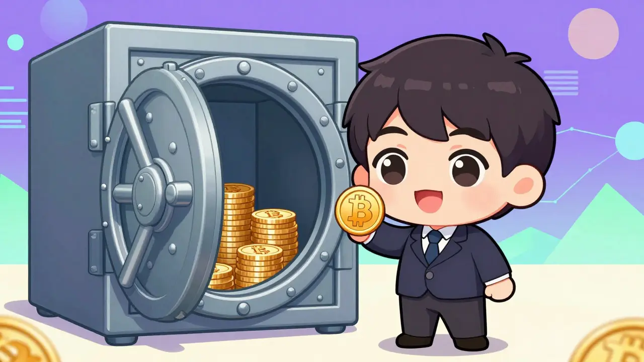Happy chibi investor with gold coin near open bank vault