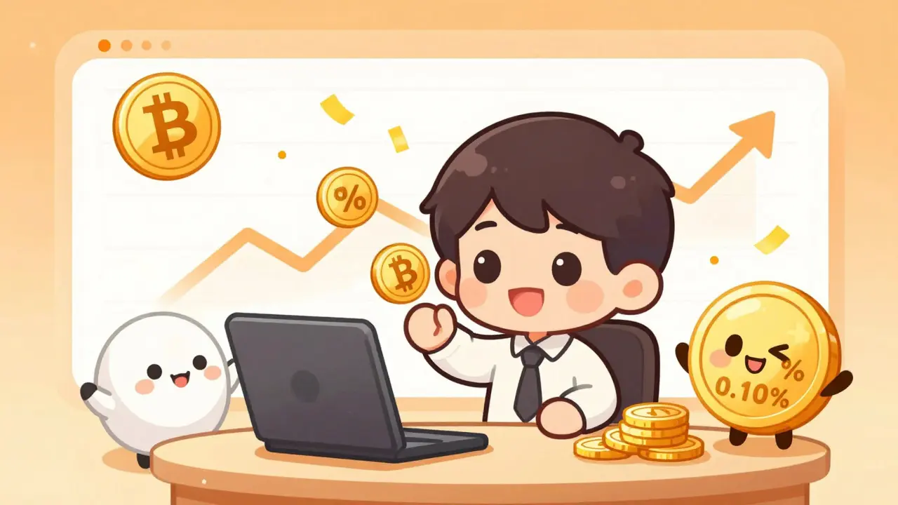 Happy chibi trader celebrating low fees with coin mascots