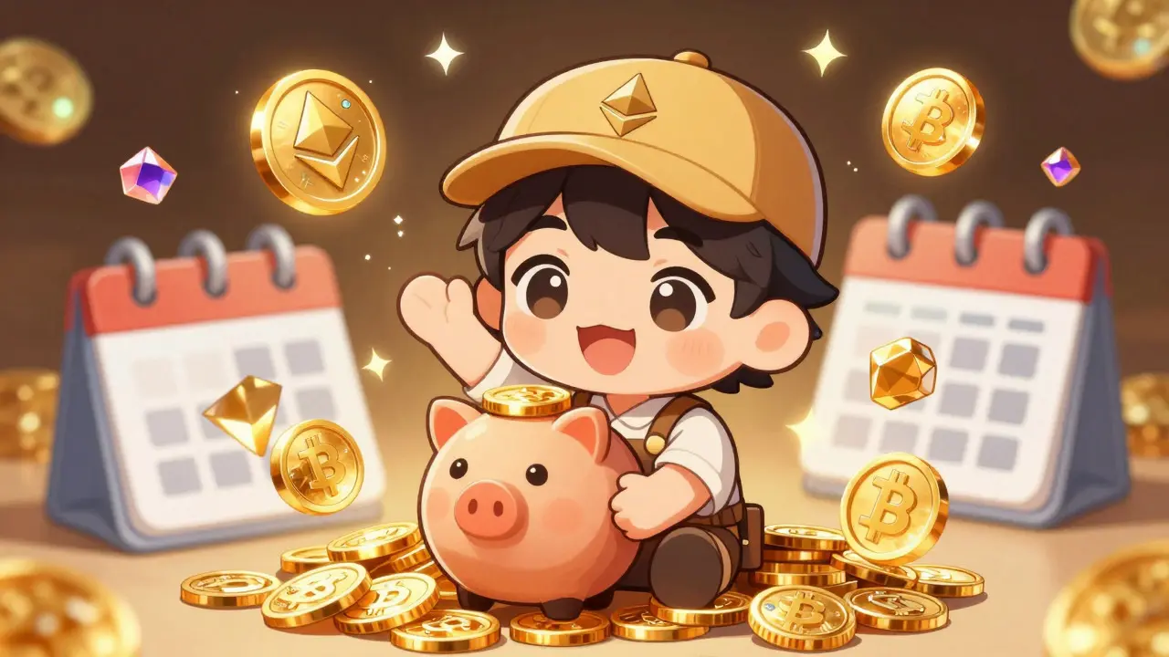 Happy chibi trader celebrating staking rewards with floating crypto gems.