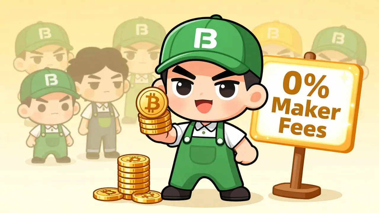Happy chibi trader celebrating zero maker fees