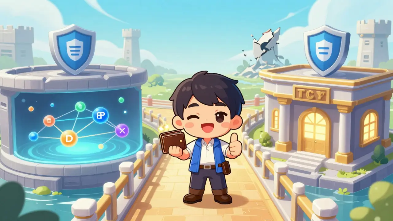 Happy chibi trader choosing safe, modern crypto exchanges over abandoned platforms.