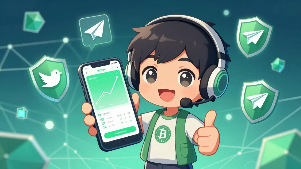 Happy chibi trader with phone and security icons in anime art