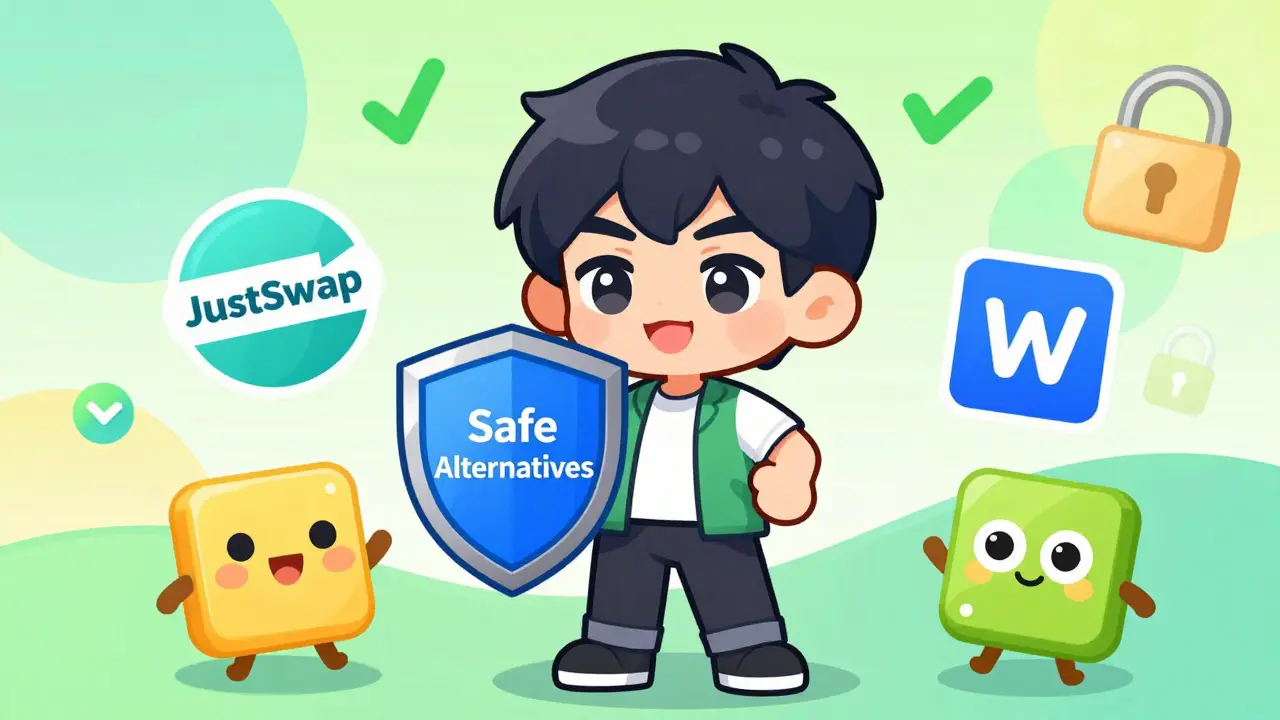 Happy chibi user protected by a shield, surrounded by safe crypto platform icons.