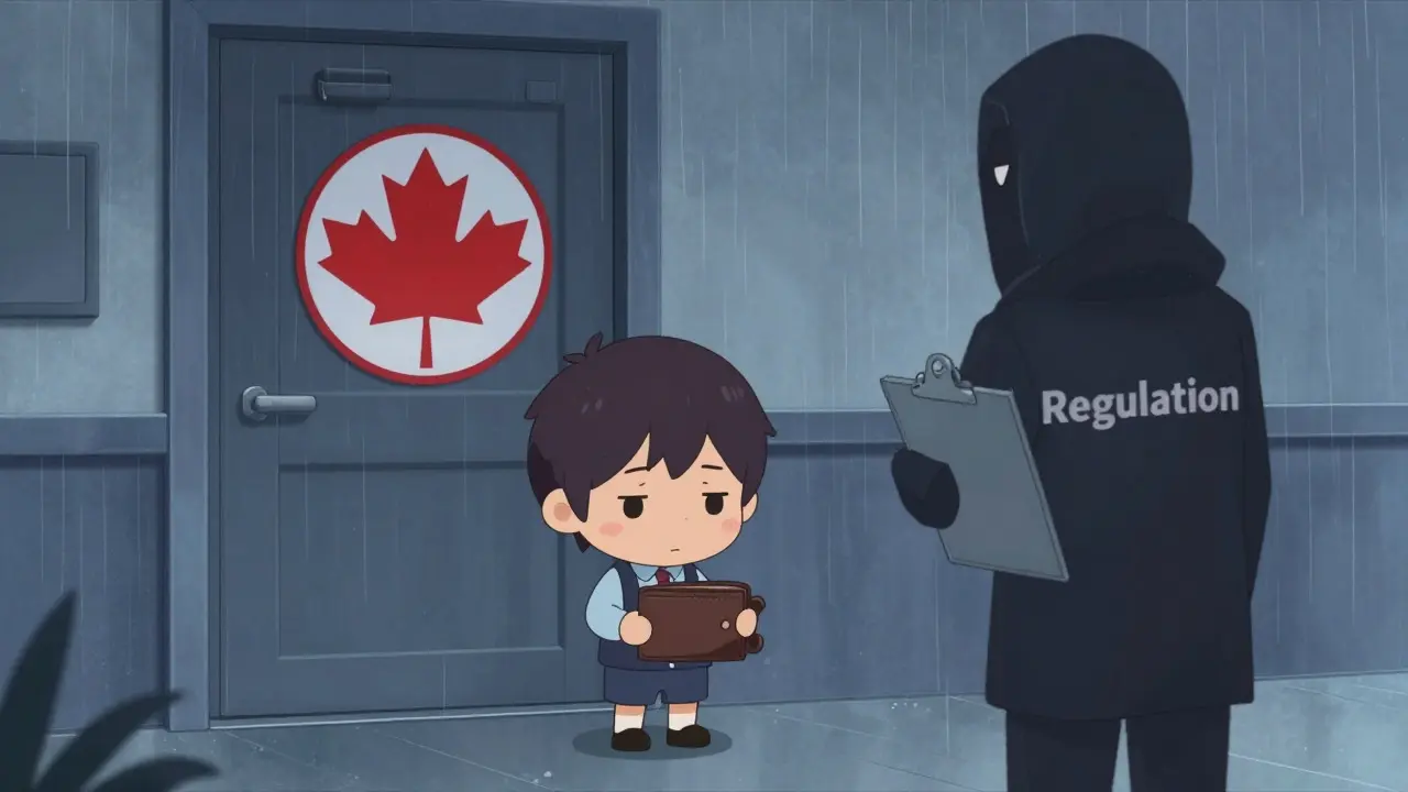 Sad chibi character blocked by regulation at closed door