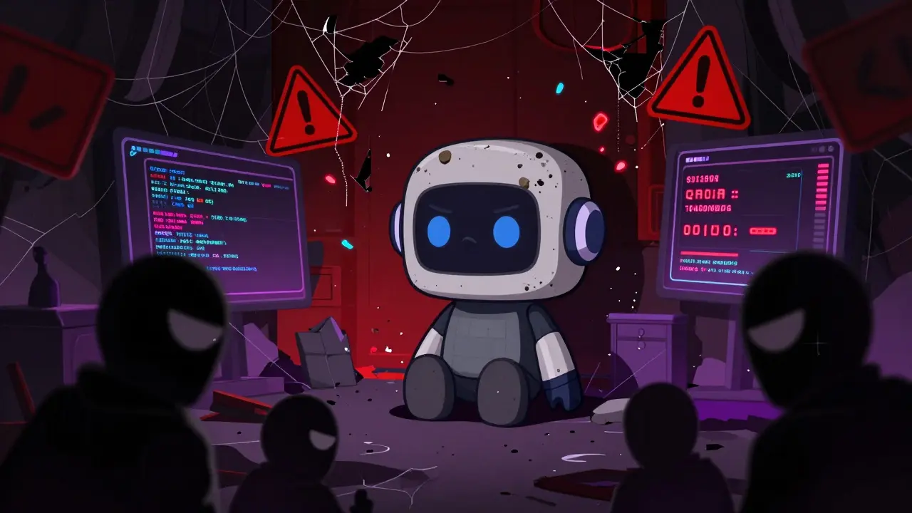 Sad chibi robot in a dark room with shadowy scammers and red warning signs nearby.