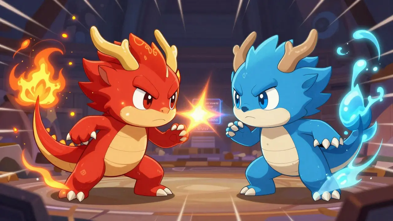 Two chibi monsters battling with magical effects