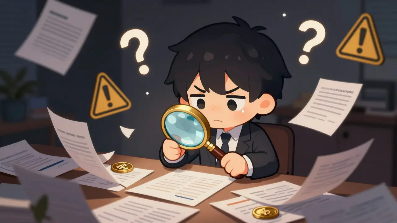 Worried chibi investor checking confusing data papers, representing high risk and data discrepancies.