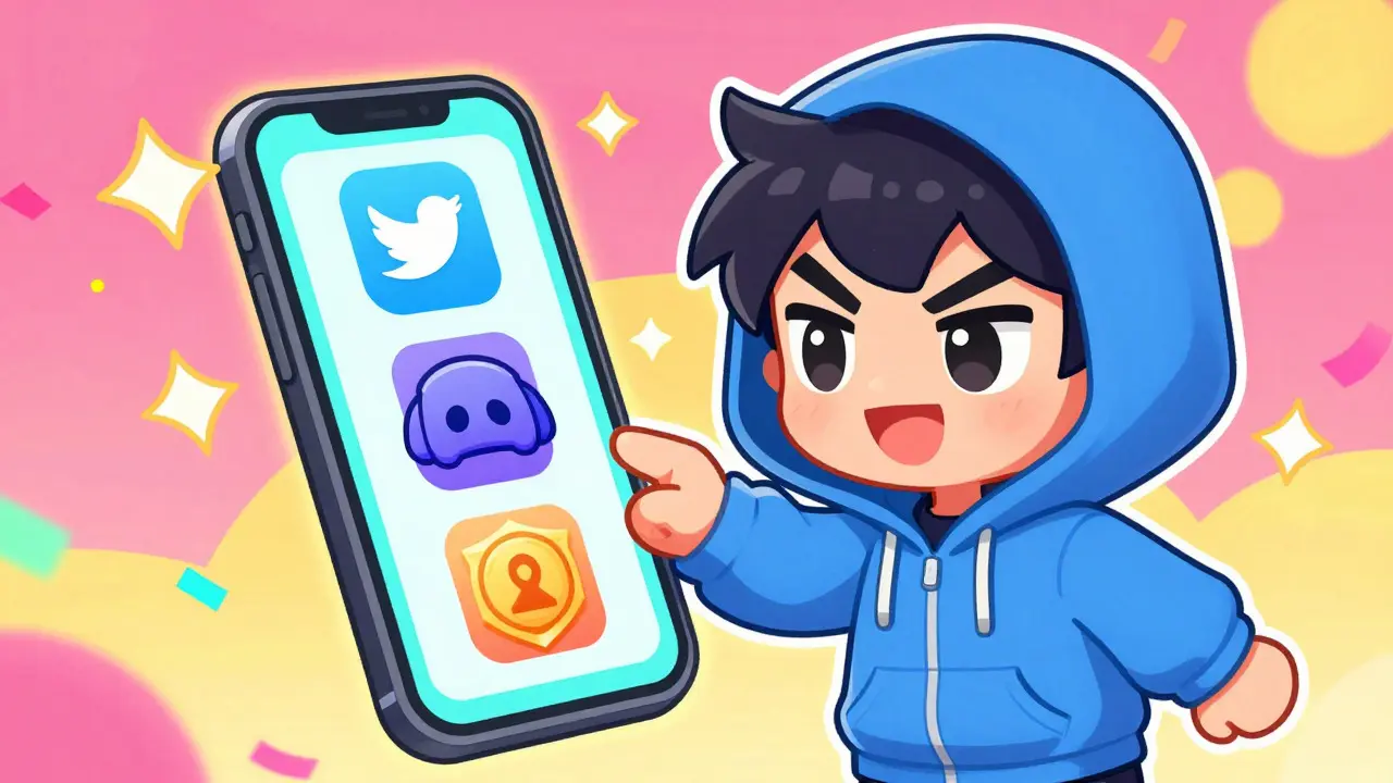 Chibi anime character completing social tasks on glowing phone interface