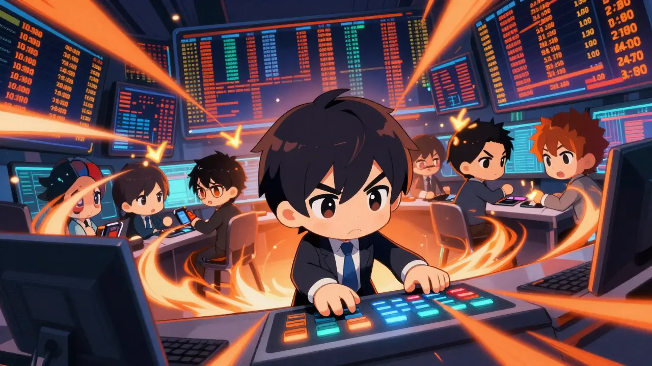 Chibi anime characters trading rapidly with streams of light representing high-speed orders