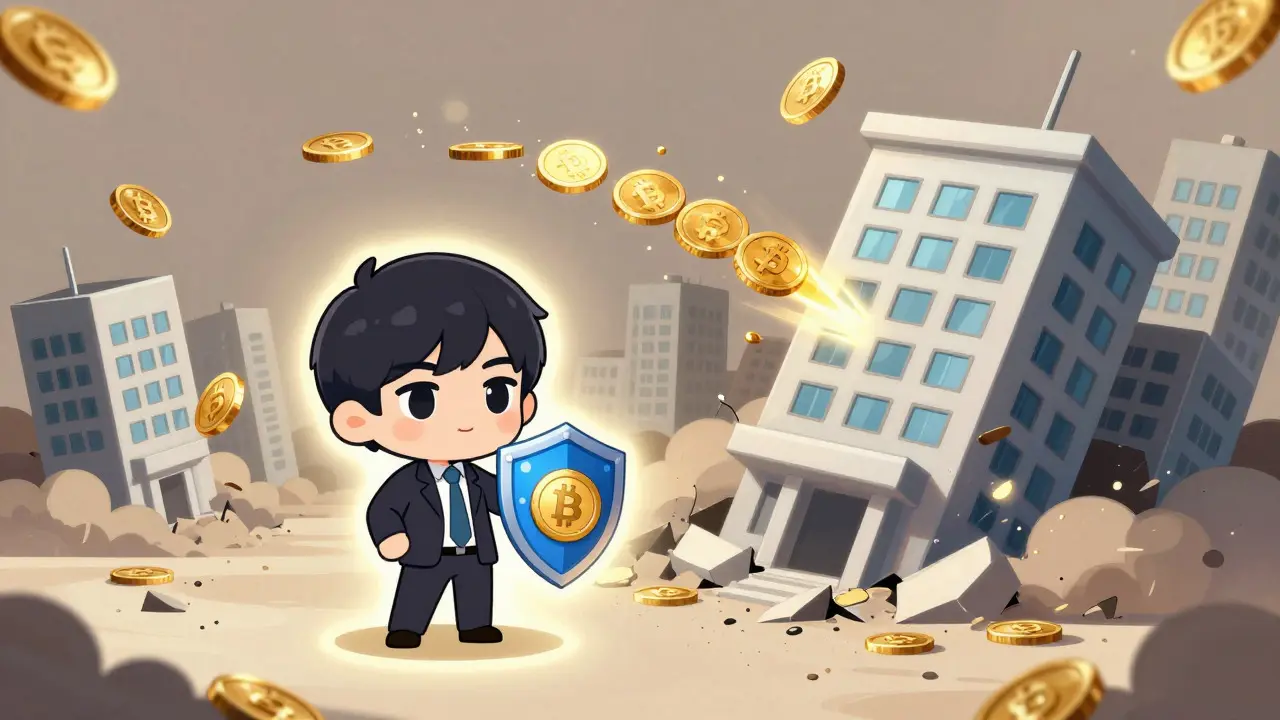 Chibi anime concept art showing investors moving to secure exchanges while unstable ones collapse