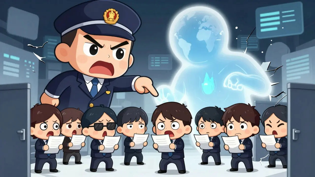 Chibi anime depiction of a bank crackdown causing distress among bankers and exchanges