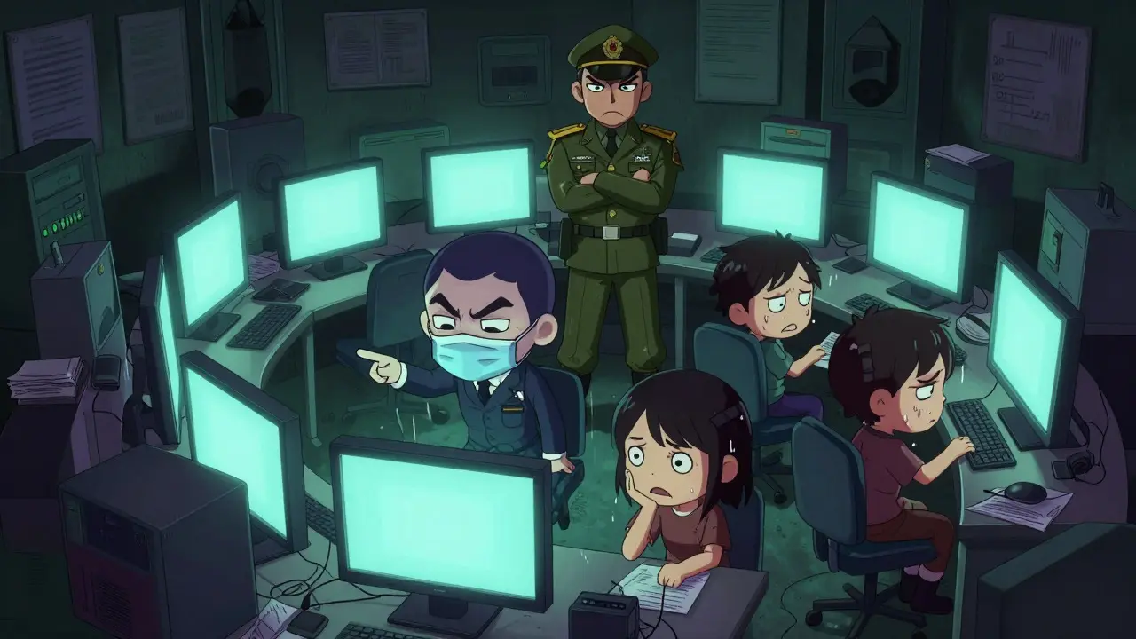 Chibi anime scene of a cyber scam compound with masked villains and distressed victims under armed guard
