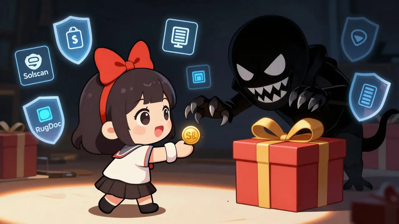 Chibi anime scene of a shadowy scammer trying to steal crypto coins from an unsuspecting user.