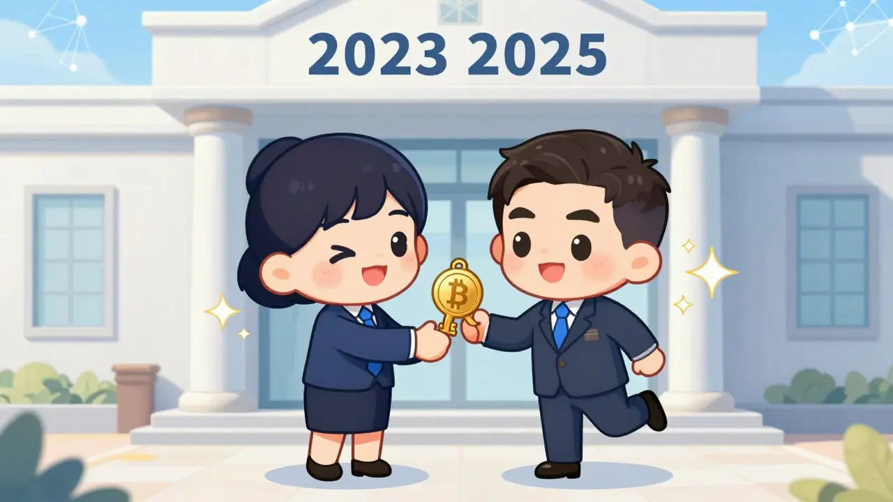 Chibi anime scene of an SEC officer giving a key to a licensed crypto entrepreneur