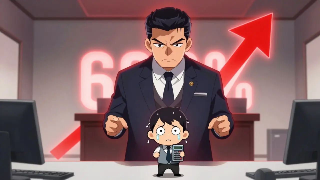 Chibi bureaucrat intimidating a small crypto miner with a rising tax arrow.