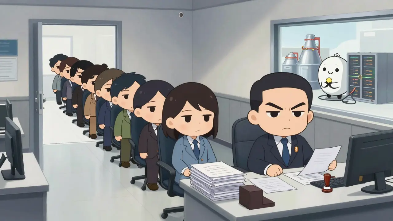 Chibi bureaucrats managing a queue of miners while other industries get priority