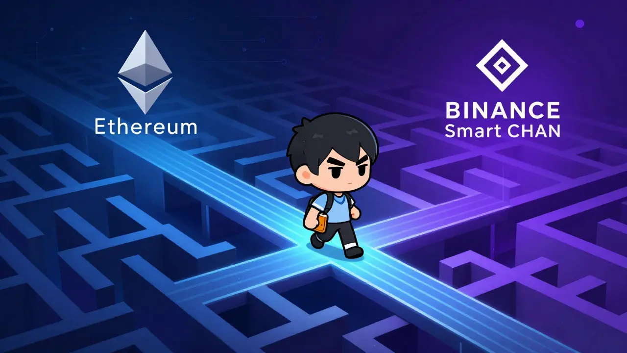 Chibi character crossing blockchain bridge between Ethereum and BSC