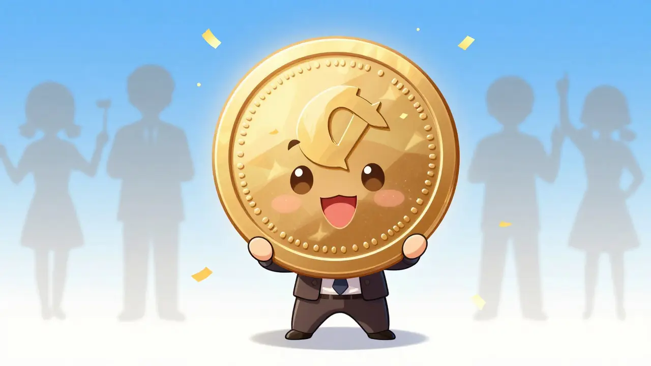 Chibi character holding a glowing crypto coin prize