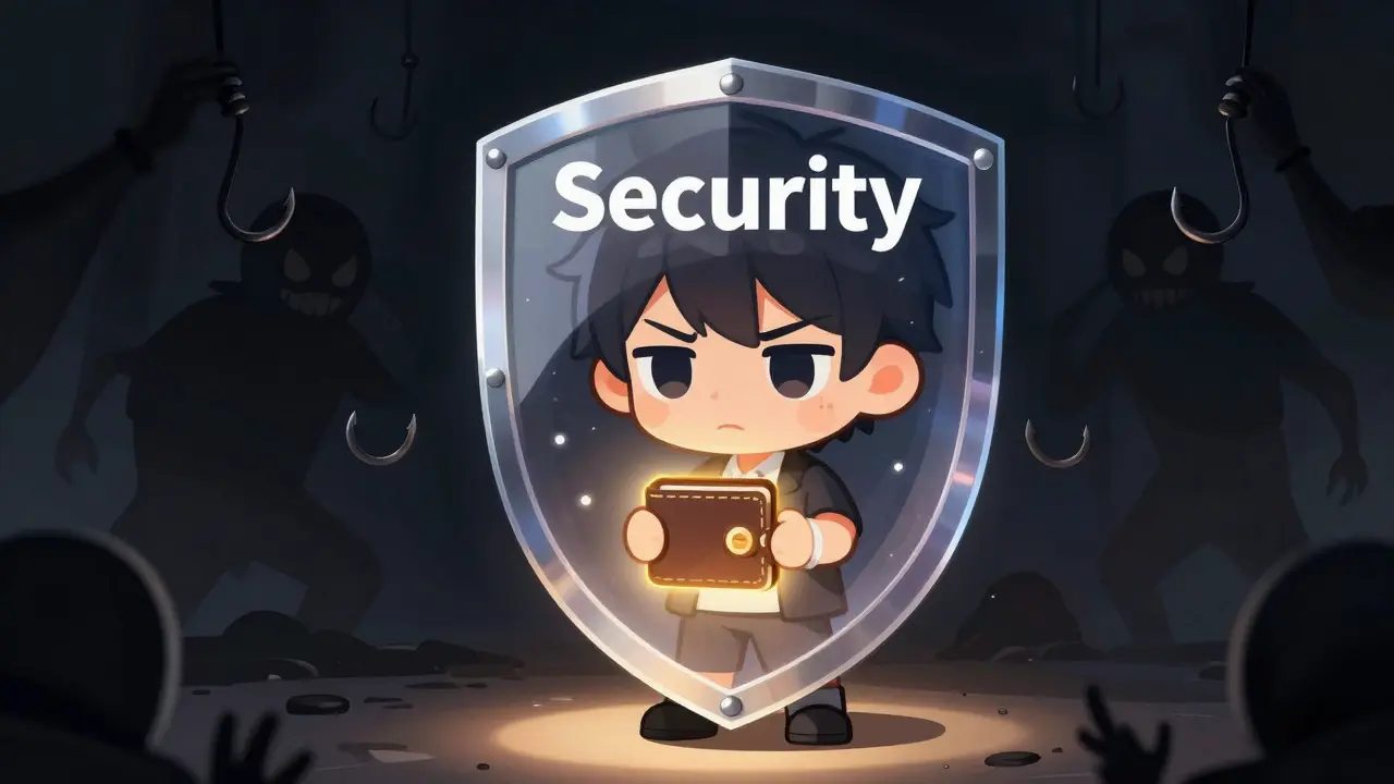 Chibi character protected by security shield against crypto scam shadows