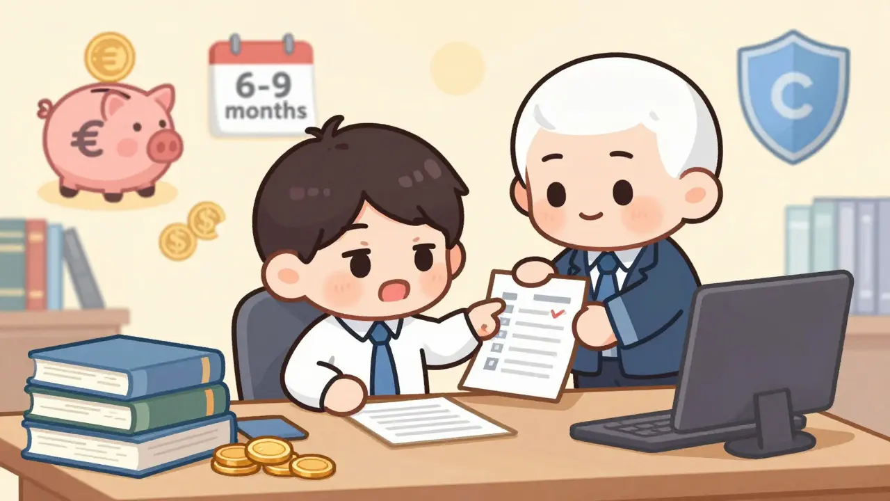 Chibi character reviewing compliance checklist with helper at desk