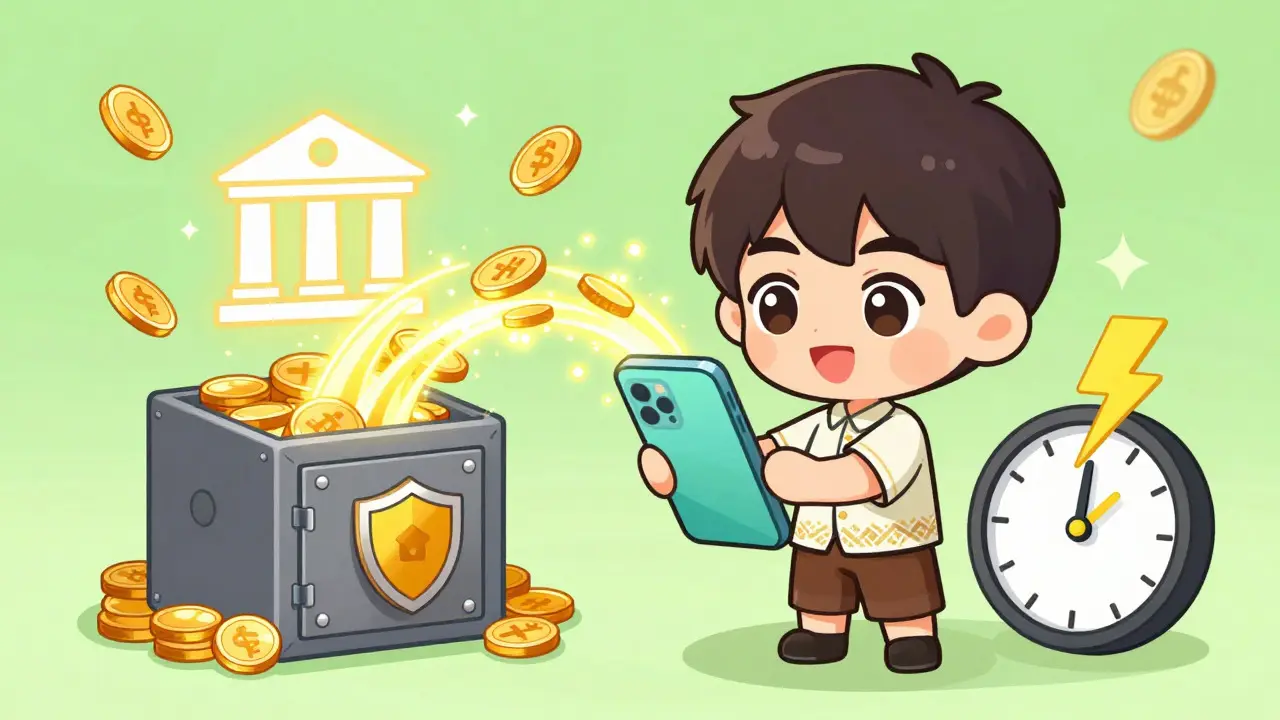 Chibi character using smartphone for fast PromptPay crypto deposit with golden coin flow