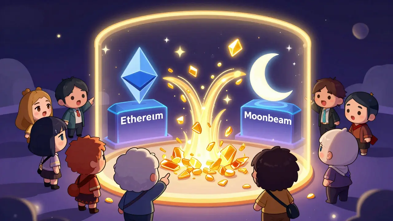 Chibi characters observing fractionalized tokens moving between networks
