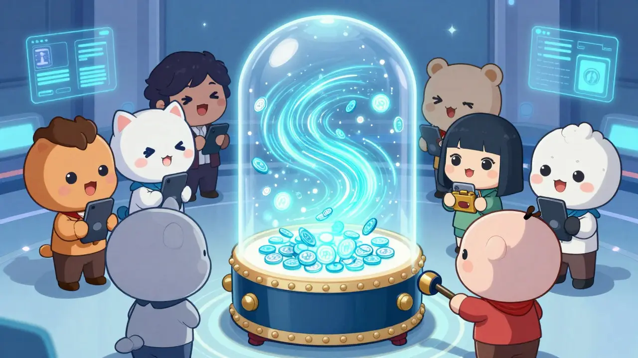 Chibi characters watching a digital lottery drum select winners