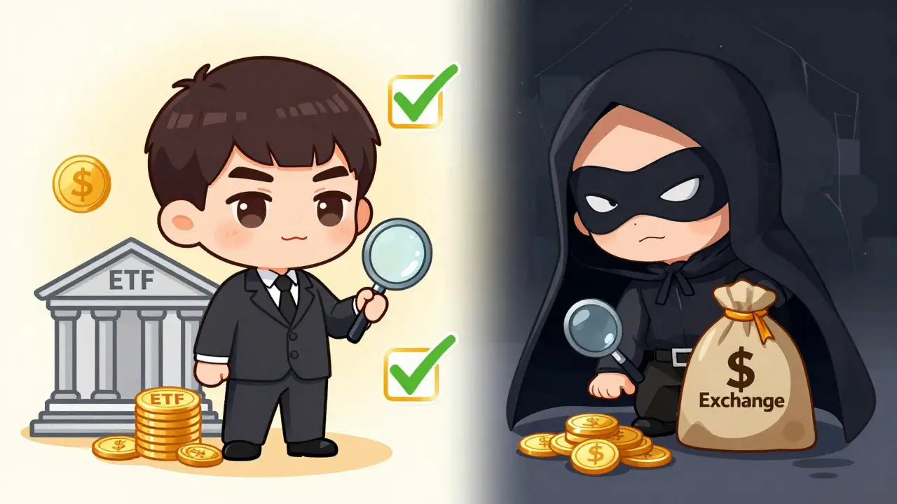 Chibi comparison of legitimate ETF advisor vs shady crypto scammer