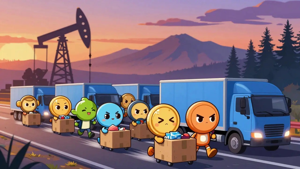 Chibi crypto characters packing up and relocating to new countries at sunset.