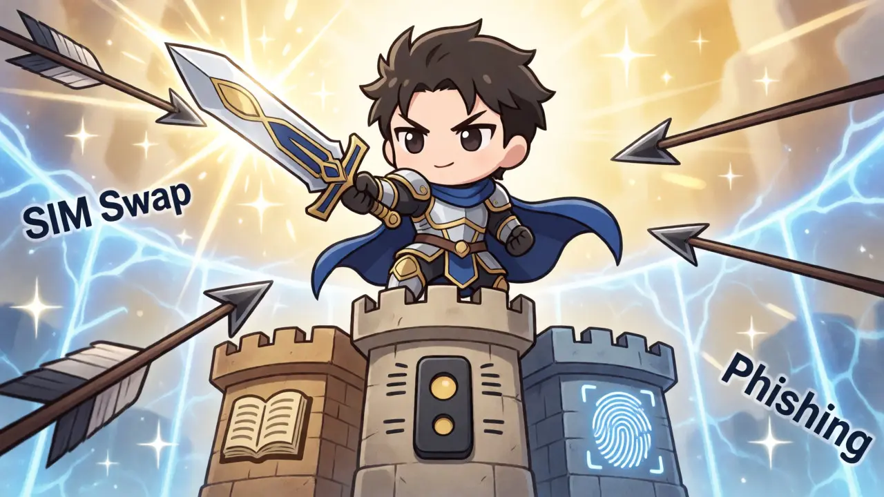Chibi crypto guardian defending with MFA pillars against attacks