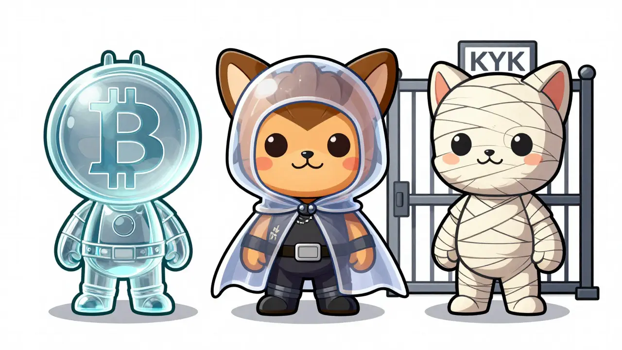 Chibi crypto mascots showing transparency levels