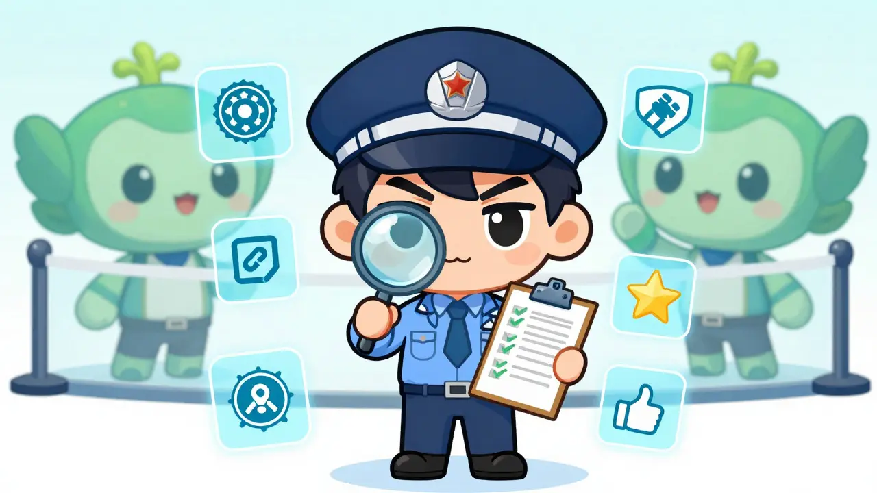 Chibi detective verifying exchange safety with checklist and icons