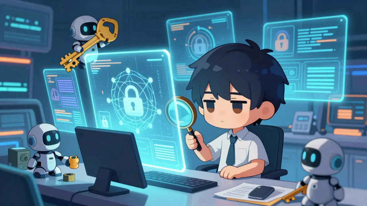 Chibi developer debugging complex code with holographic panels
