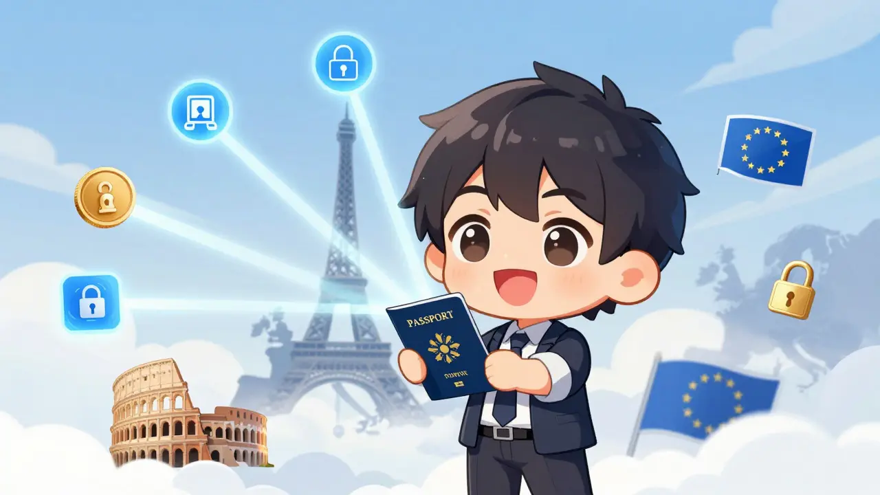 Chibi entrepreneur celebrating EU passporting rights with glowing pass