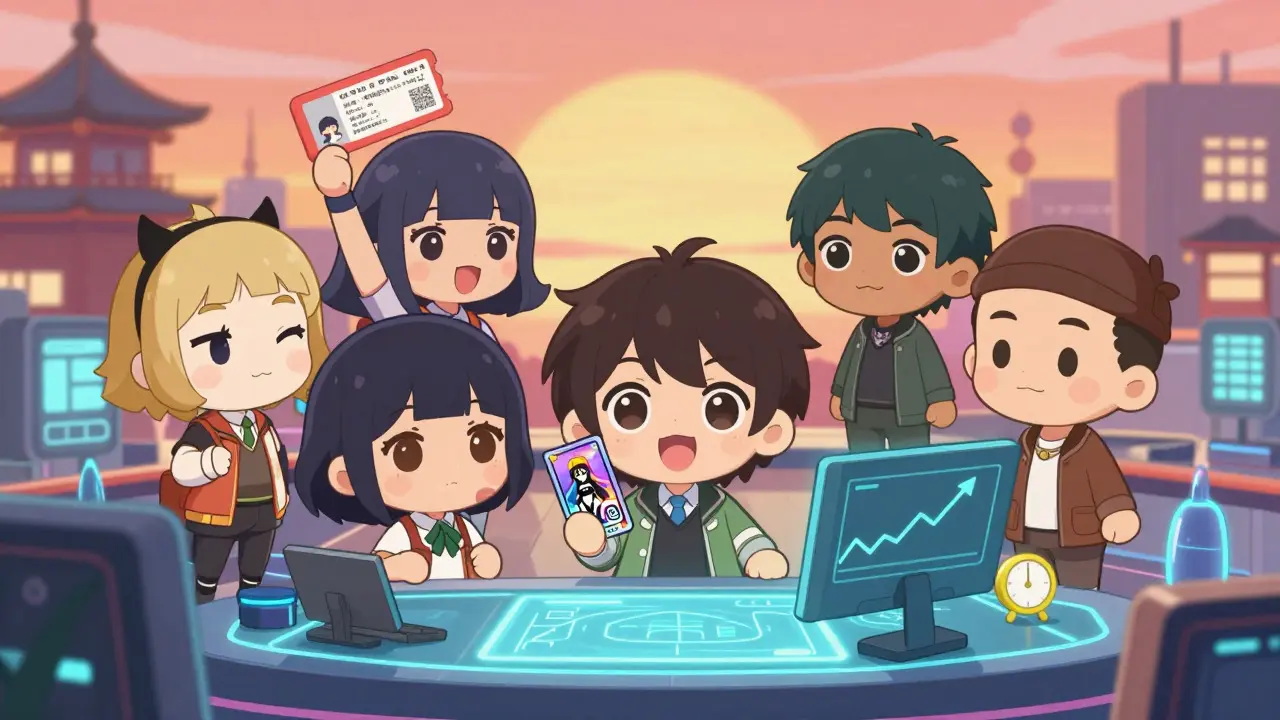 Chibi fans trading digital concert tickets and collectibles in a vibrant cyberpunk city.
