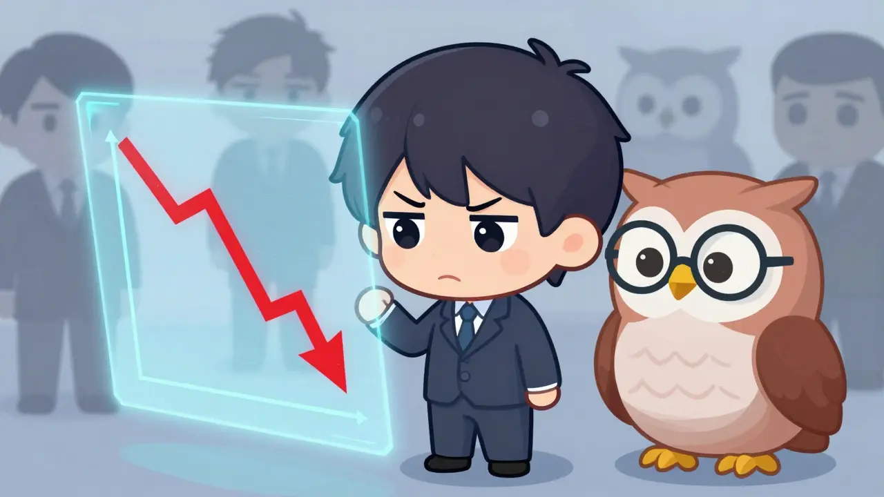 Chibi investor looking worried at a dropping crypto price chart with an owl advisor.