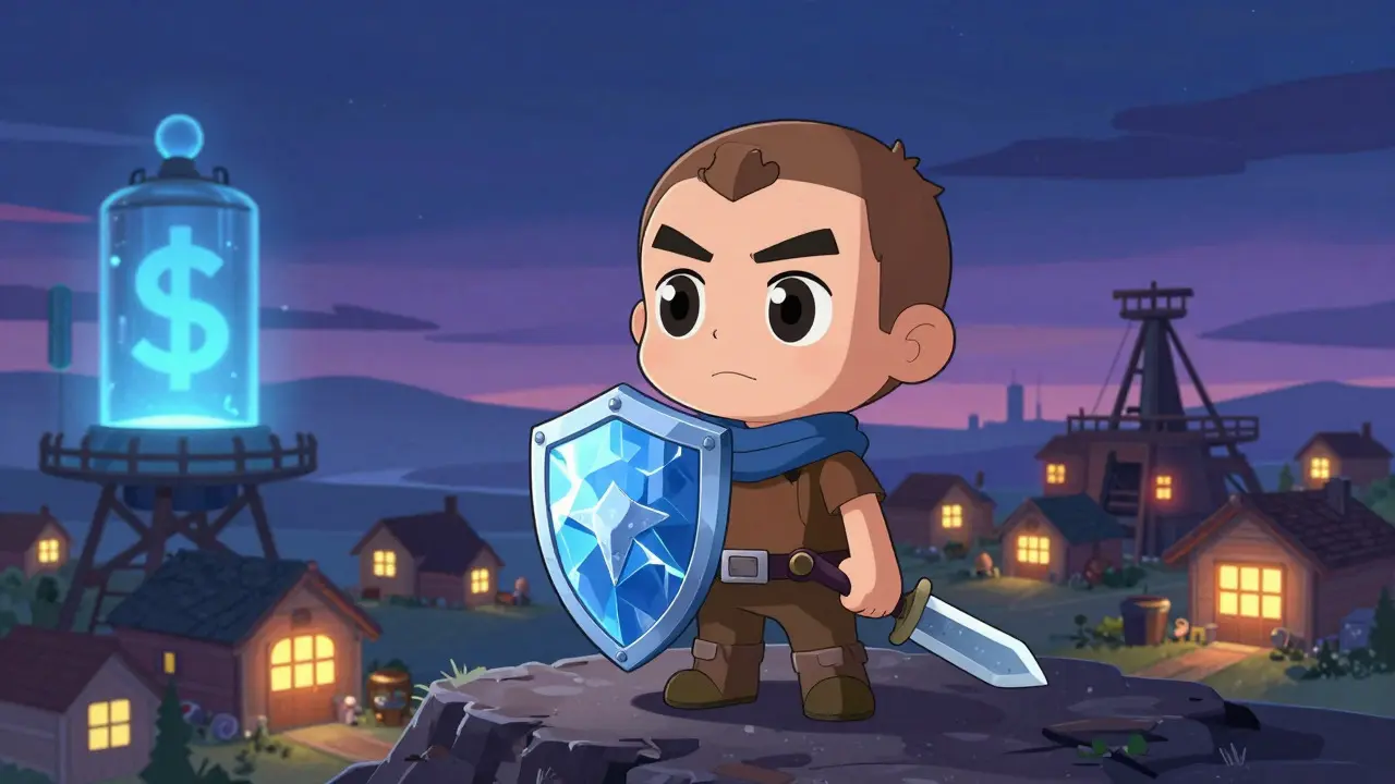 Chibi miner holding a shield on a plateau overlooking future energy trends