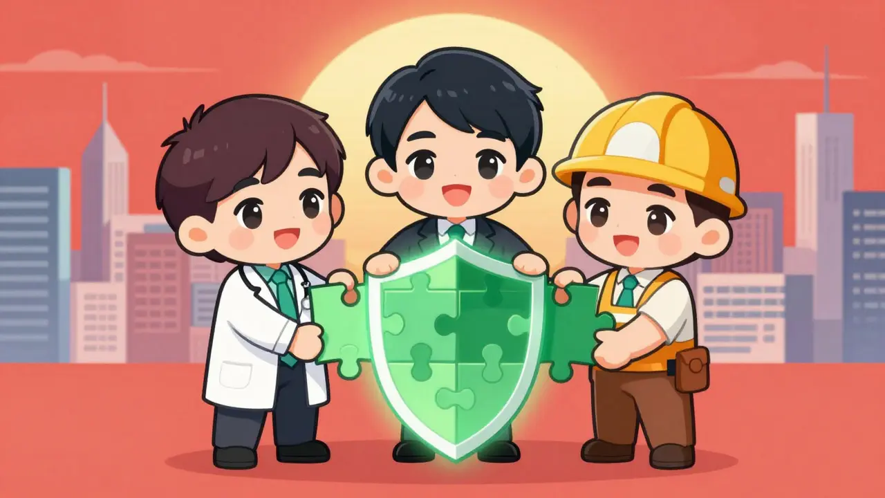 Chibi professionals forming a shield to represent secure industry use