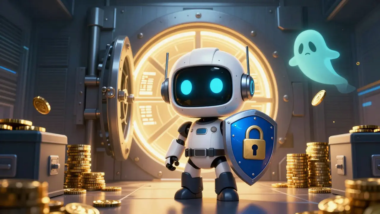 Chibi robot guard protecting a digital vault with cold storage coins
