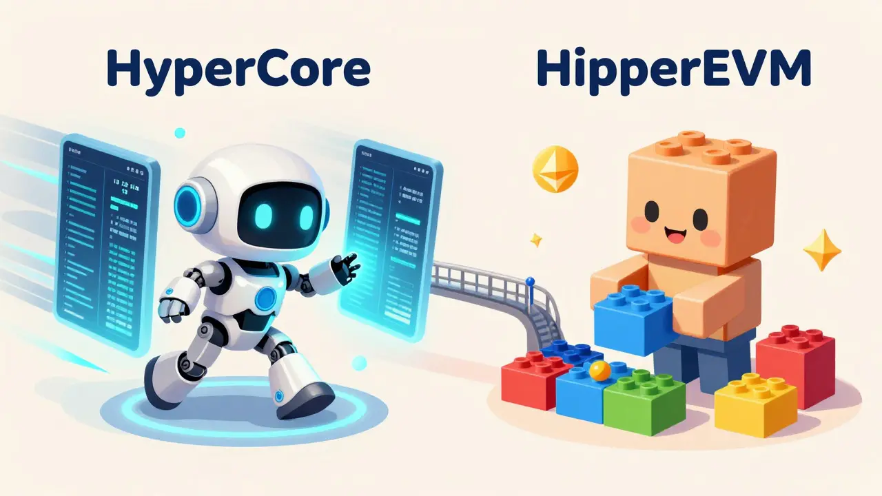Chibi robots representing HyperCore trading and HyperEVM contracts