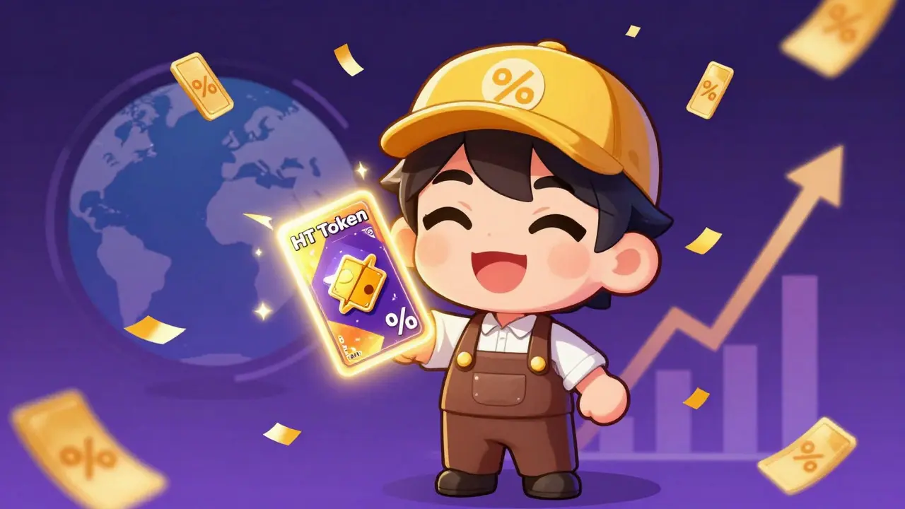 Chibi trader holding a glowing HT token card with fee discount effects